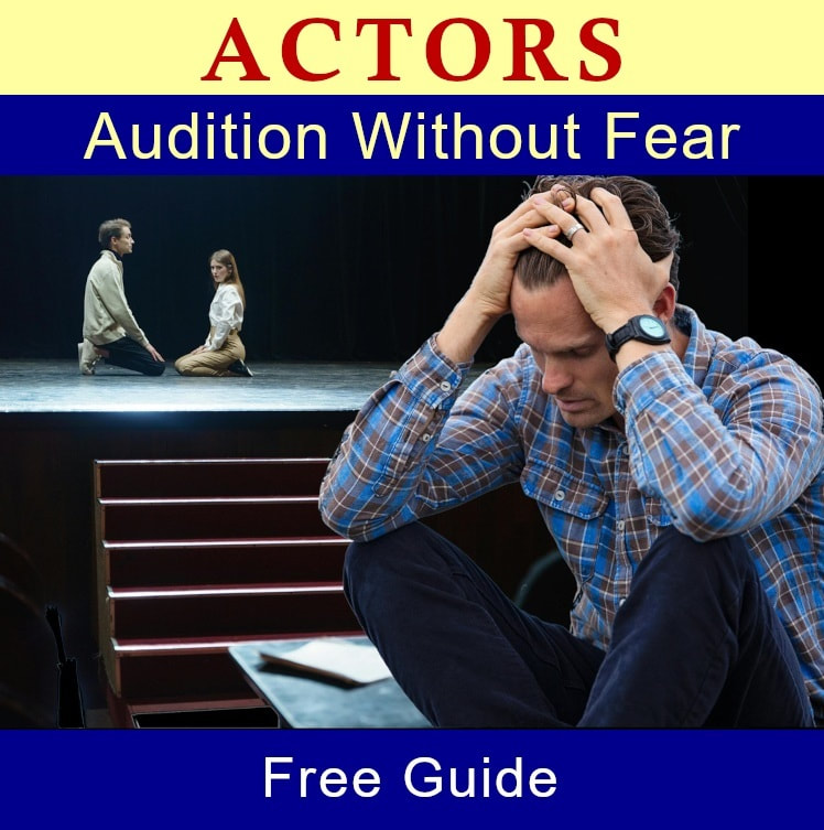 Completely stressed actor sits off stage, frustrated, head in hands, while two actors look on from the stage.